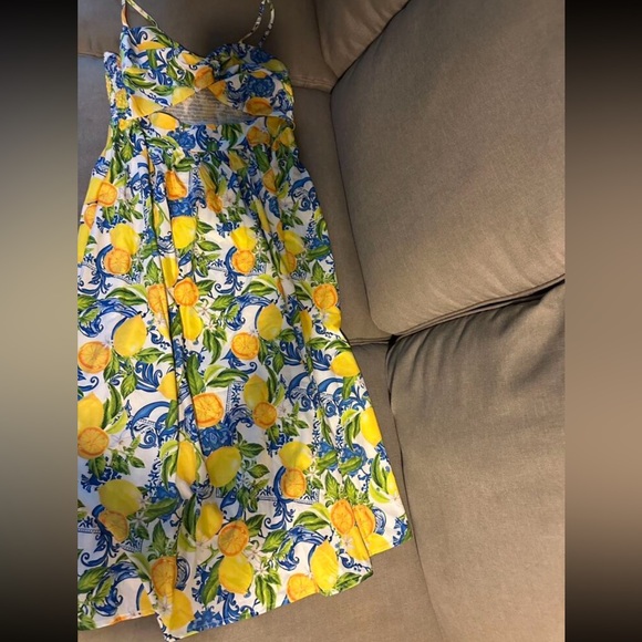 Boho Lemon Print Bandeau Smocked Cut Out Cami Tank Top Midi Dress Yellow - Picture 4 of 6